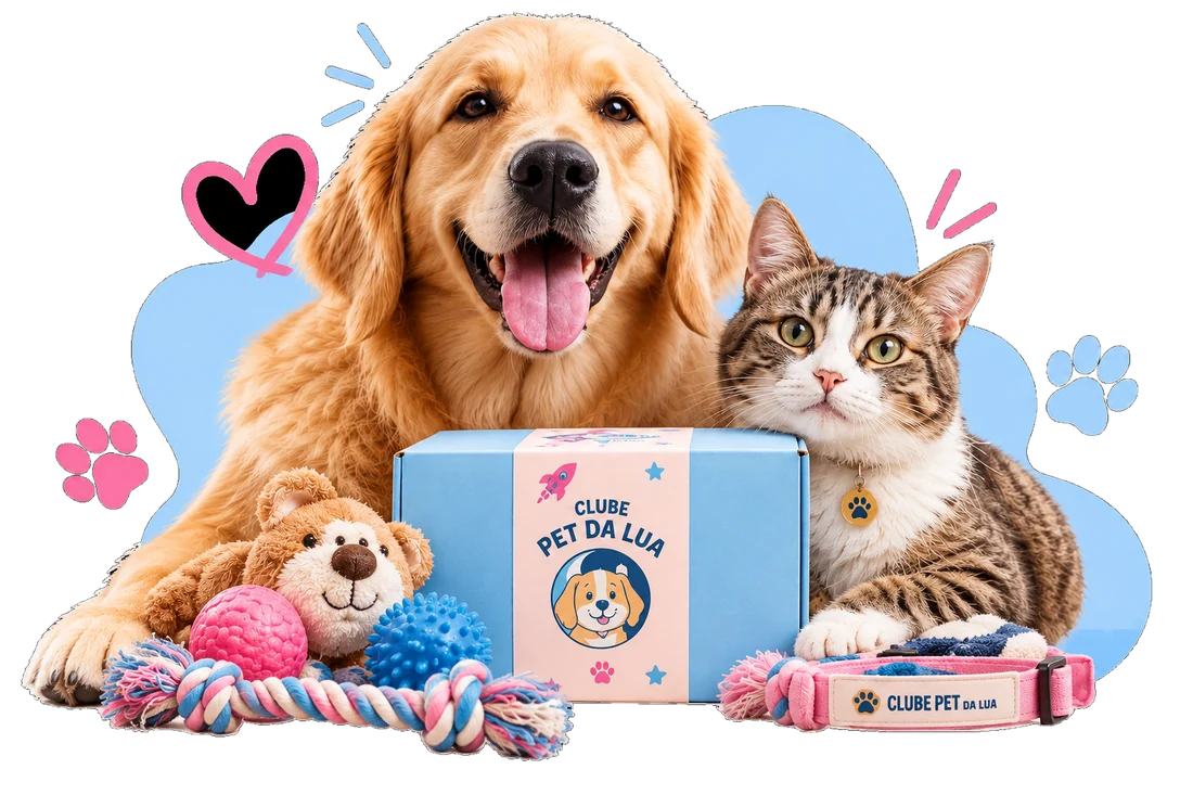Cachorro e gato ao lado de uma box azul do Clube Pet da Lua, com brinquedos e acessórios